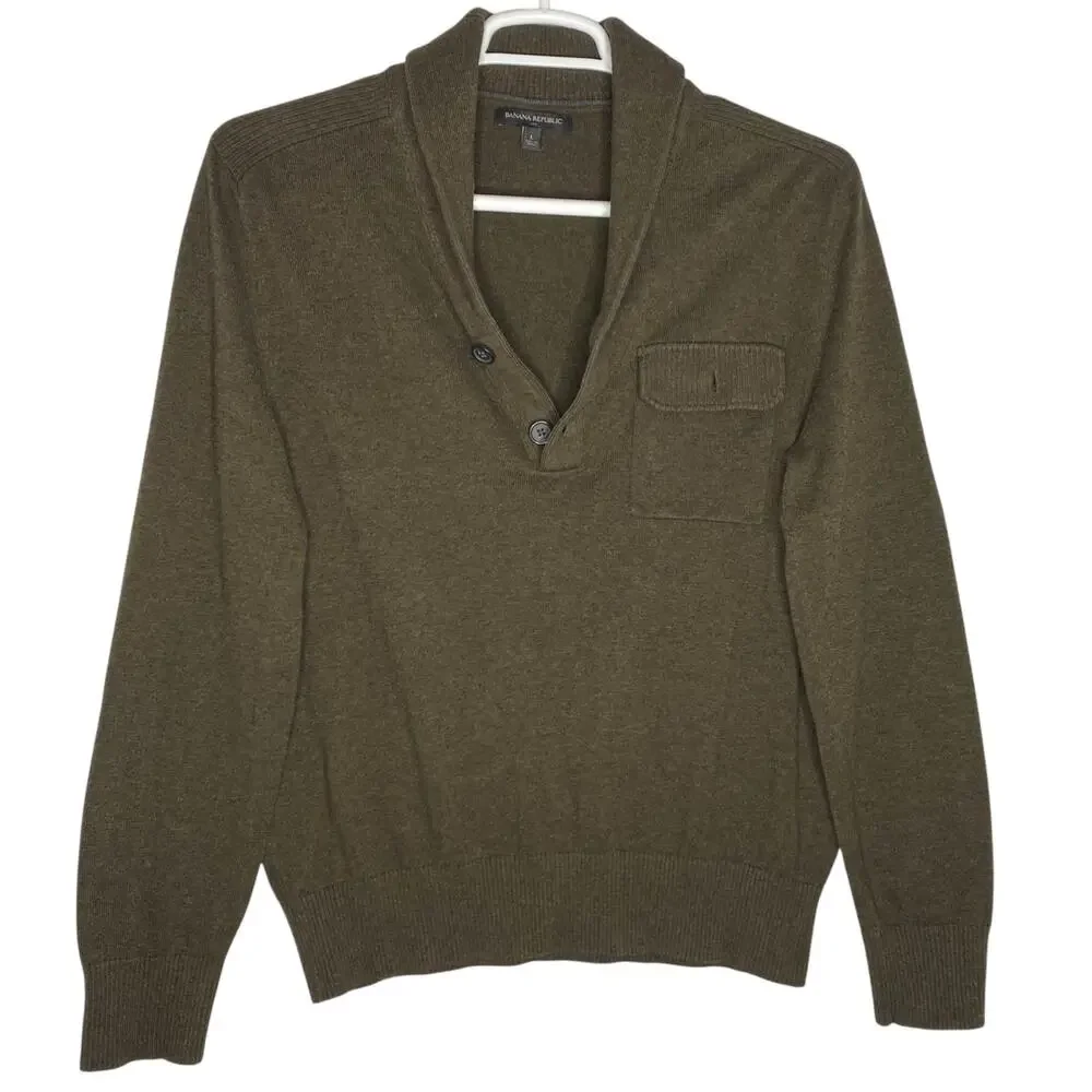 Banana Republic Shawl Collar Sweater Green Button Pullover Large Cabin Gorpcore